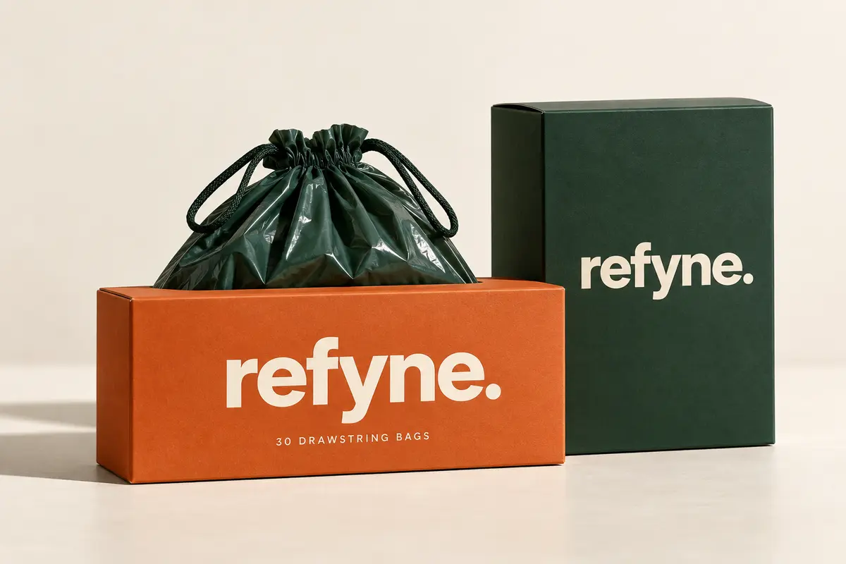 Refyne packaging concept with orange and forest-green boxes and a drawstring bag